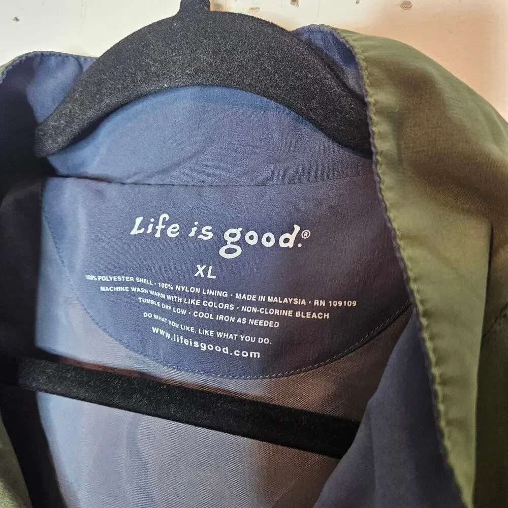 Life Is Good Green Grey Windbreaker Golfer shirt sleeved Pullover sz XL